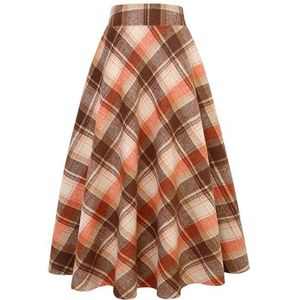 A-lijnrok - Oranje/Bruin - Lange Geruite Wollen Rok - Hoge Elastische Taille - Winter/Herfst