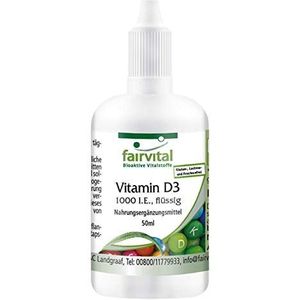 Fairvital | Vitamine D3 1000 I.U. druppels - vloeibaar met 1600 druppels per flesje van 50ml vloeistof - 1000 I.U. per druppel vitamine D3 olie