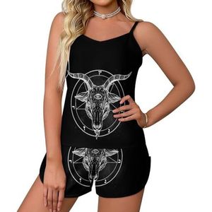 Pentagram met Demon Baphomet Satanic Goat 2-delige pyjamaset voor dames, sexy tanktop en korte broek, nachtkleding PJ Lounge
