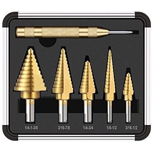 SIBOMTEX HSS 5 STKS Titanium Stap Bit Set met Automatische Center Punch Hoge Snelheid Stalen Bits Set met Aluminium Case Multe Gat Opgedreven Bits voor Plastic Hout Metaal