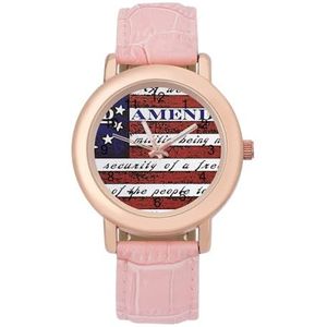 2nd Amendement Merk Vintage Amerikaanse Vlag Vrouwen Horloge PU Strap Polshorloge Quartz Roze Valentijnsdag Gift