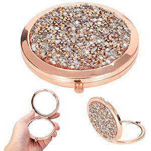 Disnace Zakspiegel, mini-make-upspiegel, ronde draagbare handspiegel, 70 mm, ronde make-upspiegel, dubbelzijdige zakspiegel met diamanten, cosmeticaspiegel voor reizen, mini-spiegel (roségoud)
