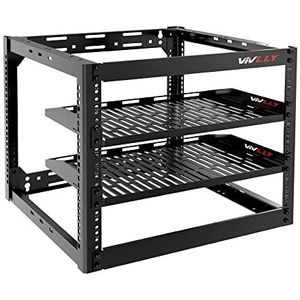 Vivlly Open Frame 10U Rack voor Netwerken, Servers, Audio- en Videoapparatuur, Op zwaar werk berekende 1U Geventileerde Planken, Muur Opgezette Hardware of Vloer Bevindende Steun