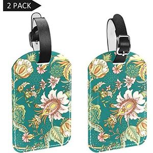 PU Lederen Bagage Tags met Vintage Bloemen Print Naam ID Labels voor Reistas Bagage Koffer met Terug Privacy Cover 2 Pack