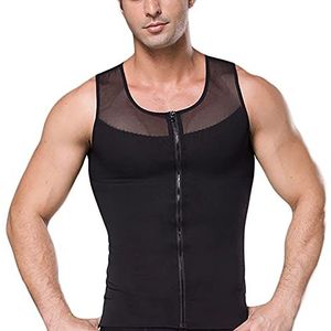 Gynaecomastie Compressie Shirt Hesje met Ritssluiting Hide Man Boobs Afslanken Shapewear Buik Plat Maken (Color : Black, Size : L)