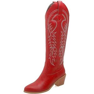 Onewus Geborduurde kniehoge westernlaarzen voor dames, vintage met dikke hakken, rood, 39 EU