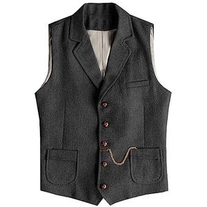 AeoTeokey Heren western visgraat tweed pak vest wol slim fit vest, Zwart, 4XL