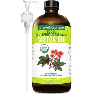 Organic Castor Oil (16 oz glazen fles) USDA gecertificeerd biologisch, 100% pure, koud geperst, zeskantvrij. Boost Hair Groei voor haar, wenkbrauwen en wenkbrauwen. Natuurlijke droge huid Moisturizer