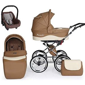Baby kinderwagen Classic Buggy 3in1 autostoel reissysteem pasgeborenen vanaf de geboorte (3in1 met autostoel, bruin & crème)
