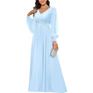 KIYNE Damesjurk met lange mouwen voor moeder van de bruid met kanten applicatie, V-hals, chiffon, formele feestjurk, Lichtblauw, 32