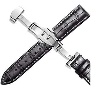 Leren horlogebandje, horlogebandjes, 12mm/14mm/15mm/16mm/17mm/18mm/19mm/20mm/21mm/22mm/24mm Lederen Opvouwbare Sluiting Horlogebanden Vlinder Gesp Horlogeband (Color : Silver Black White, Size : 16m