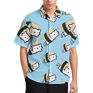 Grappige sushi-katten zomer herenoverhemden casual korte mouwen button down blouse strand top met zak L