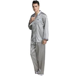 Heren zijden pyjamaset met knopen, lange satijnen loungewear, 2-delige klassieke nachtkleding, revers, een zak op de borst(Silver round,3XL)