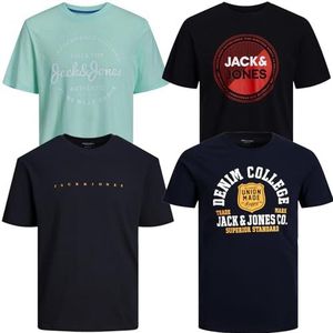 JACK & JONES Heren T-shirt 4-pack grote maten oversized 2XL 3XL 4XL 5XL 6XL 7XL 8XL ronde hals T-shirt Golk66, Pakket van 4 # 29 Ps, 5XL