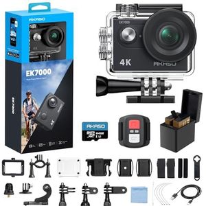 AKASO EK7000 Action Cam 4 K WiFi Waterdicht 30 m met kaart 64 GB, onderwatercamera wifi 20 MP, externe microfoon, afstandsbediening, 2 batterijen 1050 mAh, sportaccessoires