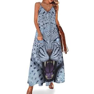Roaring Leopard Sling Maxi-jurken voor dames, V-hals, casual, mouwloos, verstelbare riem, sexy lange jurk
