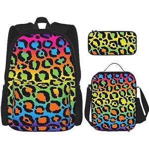 Regenboog Luipaard Print Rugzak Set 3-in-1 Kids Schooltas voor Tiener Meisjes Womens Laptop Rugzak Met Lunch Tas Potlood Case, Zwart, Eén maat