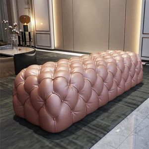 poefs en poefs， Luxe witte kruk met knopen, comfortabele voetsteunbank, for woonkamer slaapkamer entree - rechthoekig gestoffeerd leer(Pink,90x45x42cm(35x18x17inch))