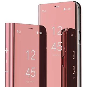 QIWEIQING Hoes compatibel met Samsung Galaxy A32 4G, bookstyle, spiegelmake-up, standaard, beschermhoes, flip-spiegel, roségoud, QH
