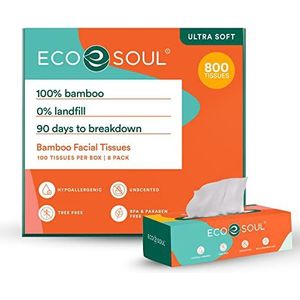 ECO SOUL 100% Bamboo Premium Facial Tissue Cube Box 800 Count | 8 Pack van 100 | Hypoallergeen, Eco-vriendelijk, 2 Ply Facial Paper Tissue, Duurzaam