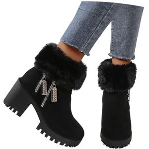 Enkellaarsjes Met Blokhak For Dames Warme Pluche Sneeuwlaarzen Vintage Suède Ankle Boots Met Zijrits Antislip Platformlaarzen Winter Katoenen Schoenen For Buiten(Black,43 EU)