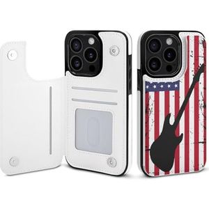 Gitaar Amerikaanse vlag flip telefoonhoesje compatibel voor iPhone 15 Pro schattige portemonnee hoesje telefoon beschermhoes met kaarthouder