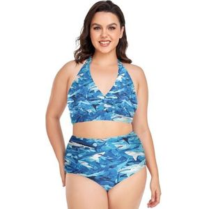 Blauwe Camouflage Haai Vis Vrouwen Bikini Sets Plus Size Badpak Twee Stukken Hoge Taille Strandkleding Meisjes Badpakken, Pop Fashon, L