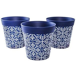 Hum Flowerpots, 15cm, Set Van 3, Diverse Patronen, Kleuren en Maten, Plastic Bloempotten Voor Binnen/Buiten, Blauwe Marokkaan