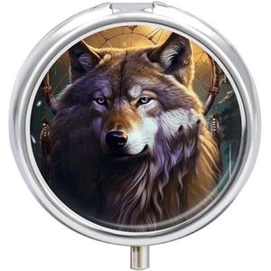 Ronde pillendoos wolven en dromenvangers afdrukken 3 compartimenten geneeskunde pillendoosje print pillenorganisator decoratieve metalen draagbare pillendoos zak pillendoos