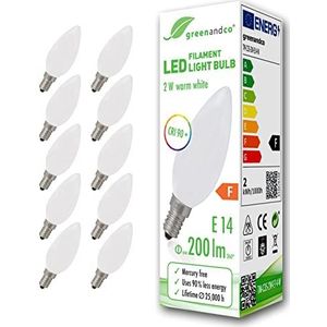 10 stuks greenandco® CRI90+ LED lamp vervangt 20 Watt E14 kaars mat, 2W 200 Lumen 2700K warm wit 360° 230V AC glas, niet dimbaar, flikkervrij