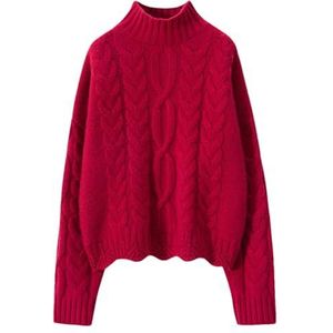 Dames wol gemengd trui hoge hals verdikte effen kleur casual warme woon-werkverkeer trui, Bordeaux, Eén Maat