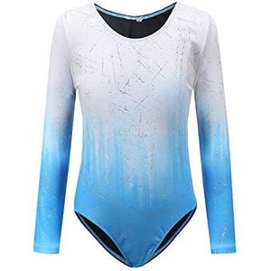 Sinoeem Turnpakje voor meisjes, ballet, kinderen, lange/korte mouw, zonder mouw, kleurverloop, ronde hals, gympakje voor meisjes van 3-12 jaar (blauw - lange mouw, etiket 4A (3-4 jaar))