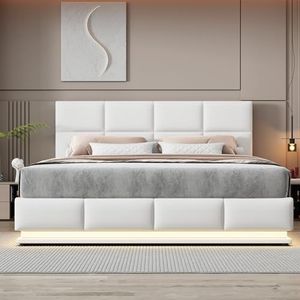 Crlnaup Gestoffeerd bed, 180 x 200 cm, met ledverlichting en hydraulisch verhoogde bedopbergruimte, bedlade en lattenbodem, overtrek van kunstleer, tweepersoonsbed, volwassenen, tienerbed, wit