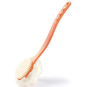 Douche lichaamsborstel met borstelharen en luffa, rugscrubber bad mesh spons met gebogen lange handgreep voor huid exfoliërend bad, massageharen geschikt voor nat of droog, mannen en vrouwen (oranje)
