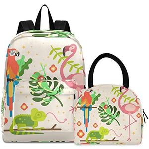 Papagei flamingofrosch boekentas, lunchpakket, schouderrugzak, boekentas, kinderrugzak, geïsoleerde lunchbox-tas voor meisjes en jongens, Patroon., Medium