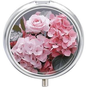 Rozenhortensia pillendoos 3 compartimenten reispillenorganisator 3 keer per dag schattige mini-pillenetui voor portemonnee en zak draagbare metalen medicijndoos met spiegel ronde dagelijkse