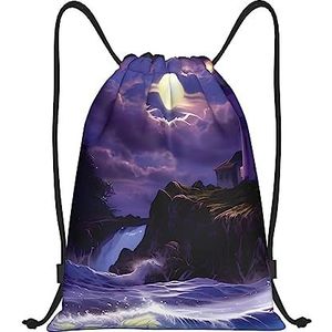 DEHIWI Moonlight Lighthouse Trekkoord Rugzak Tas Waterdichte Sport String Bag Sackpack Cinch voor Gym Winkelen Sport Yoga, Zwart, Medium