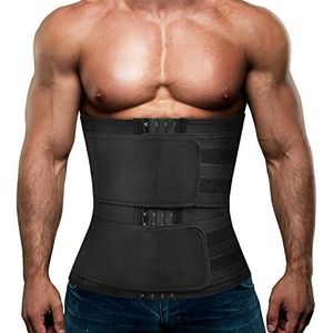 Mens Workout Taille Trainer Neopreen Corset Sauna Zweet Trimmer Cincher Afslanken Buik met Riemen, Zwarte Taille Trainer Met 2 Riemen, XL