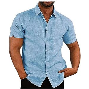 Linnen Herenoverhemden Zomer Katoenen Overhemden Met Korte Mouwen En Knopen Casual Losse Pasvorm(Blue A,4XL)