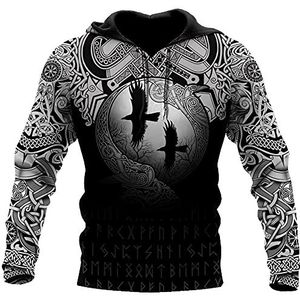 Mannen Viking Odin Raven Tatoeages Full Zip Hooded Sweatshirt, Nordic Valknut Symbool Print Middeleeuwse Pullover Hoodie, Fashion Vintage Lange Mouw Jas