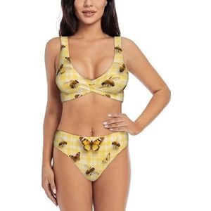 Zelinge Dames bikinisets sportief 2-delig badpak hoog getailleerd badpak S-XXL, Gele geruite vlinder, S