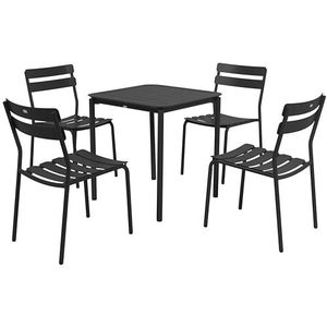 Oviala Vierkante terrastafel (70 x 70 cm) en 4 stoelen, zwart