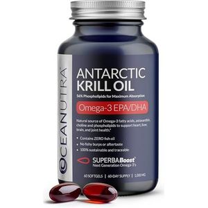 100% Pure Krill Olie 1000mg, 60-Dagen Levering, Omega 3, Hoogste Concentratie 56% Fosfolipiden, Choline, Astaxanthine, Duurzame Antarctische SuperbaBoost, DHA, Hart, Hersenen, Gewrichten