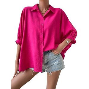 dames topjes Effen shirt met vleermuismouwen en knopen aan de voorkant (Color : Hot Pink, Size : Small)
