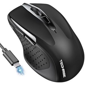 TechRise Bluetooth Muis, 2,4 G Draadloze Muis (BT 5.0/3.0 + 2.4G) 4800 DPI Oplaadbare Ergonomische Muis Met USB-A-Ontvanger, 6 Niveaus DPI Stille Muis voor Laptops, Computer, PC, Windows, Zwart
