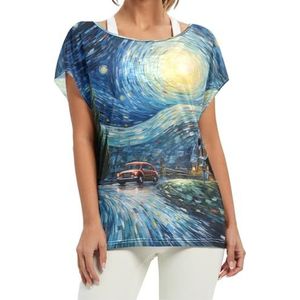 Blue Sky Abstracte kunst dames korte vleermuismouwen shirt ronde hals T-shirts losse tops voor meisjes, Patroon, L