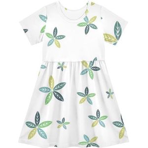 LI ZHI XIN Meisjes Jurk Kinderen Zomer Korte Mouw Ronde Hals Casual Jurken voor Leeftijd 2-8 Groen Blad Patroon, Meerkleurig, 2 jaar