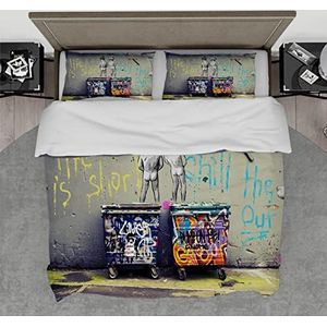 Banksy Graffiti dekbedovertrek, street art, zacht beddengoedset, Life is Short patroon, 3-delige dekbedovertrekken met verborgen ritssluiting, 2 kussenslopen, 200 x 220 cm