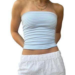 CheJooe Vrouwen Tube Top Y2k Bloem Strapless Backless Bandeau Crop Top Cut Esthetische Zomer Uitgaan Outfits Streetwear Herfst, B-gestreept Blauw, S