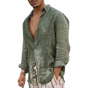 NJUDE Vintage katoenen linnen shirt mannen casual lange mouw oversized tops V-hals Boho stijl heren shirts mannen ademend T-shirt plus grootte groen, M